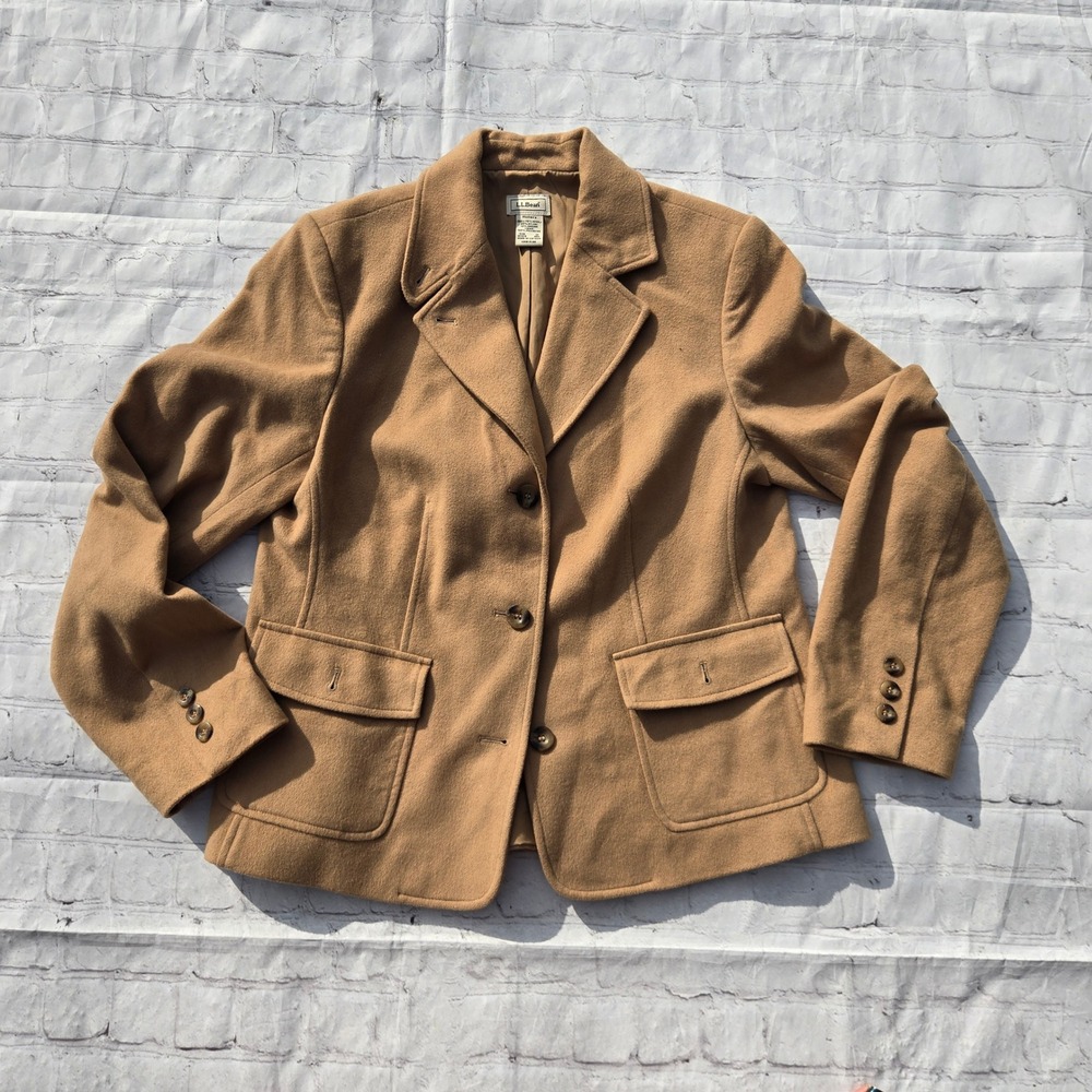 LL Bean Womens Wool Angora Blend Blazer Jacket Camel Tan Sz M classic academia
